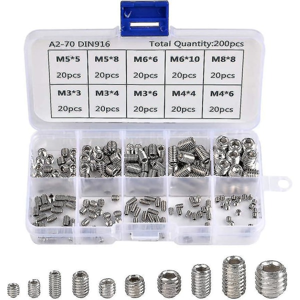 200pcs Allen Screws Stainless Steel Hexagonal Grub Screws Set Metric Professional Metal Accessories M3 M4 M5 M6 M8 Shibaod