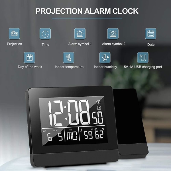 Geevon Projection -herätyskello, digitaalinen kello sisälämpömittarilla, kosteusmittarilla, kaksoisherätyskellot makuuhuoneisiin, himmennettävä taustavalo digitaalikello, projekti