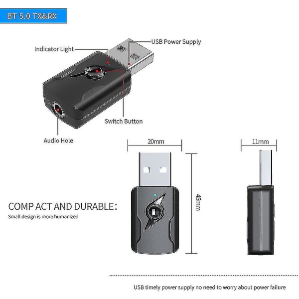 Bluetooth 5.0 USB sovitin, äänilähetinvastaanotin 3,5 mm:n äänikaapelilla PC:lle/TV:lle/autolle/kaiuttimelle/mp3/kuulokkeille