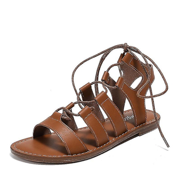 Sandaler til kvinder sommer flade komfortable krydsrem gladiator flade sko casual strand sandaler brown 1 37