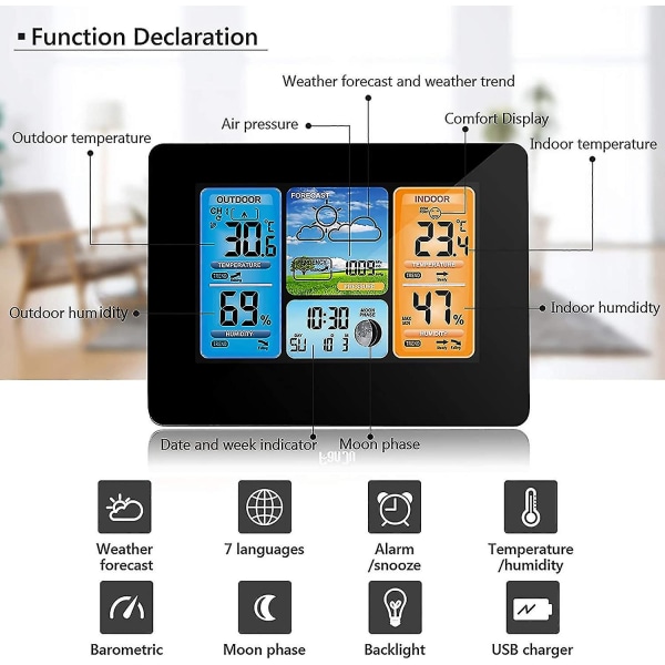 Trådløs vejrstation vejrur, digital farve med udendørs sensor, udendørs indendørs termometer med dato Temperatur fugtighedsbarometer Alar