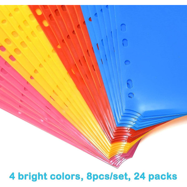 Plastavdelare med 8 flikar med två fickor Paket med 3 uppsättningar, flerfärgade avdelare med fickor kompatibla pärmar, 24 st flikavdelare i olika färger