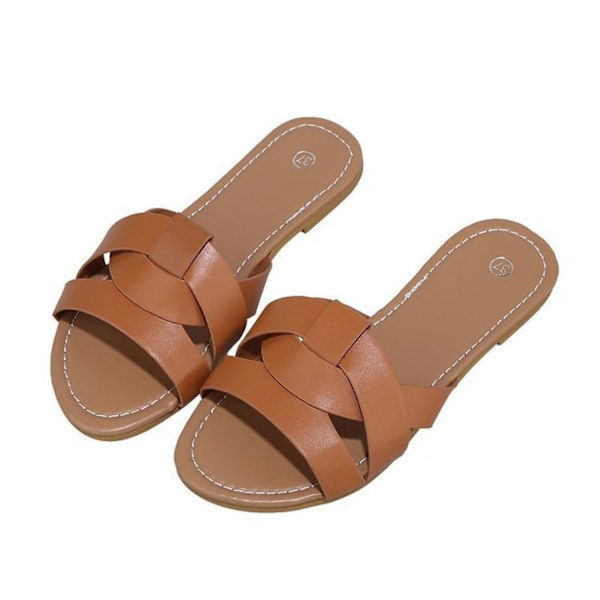 ATCL Dame Sommer Flade Slides Sandaler Casual Rem Strop Kryds Slip On Sliders Strand Flade Sandaler -------  Dyb Brun  Størrelse 37