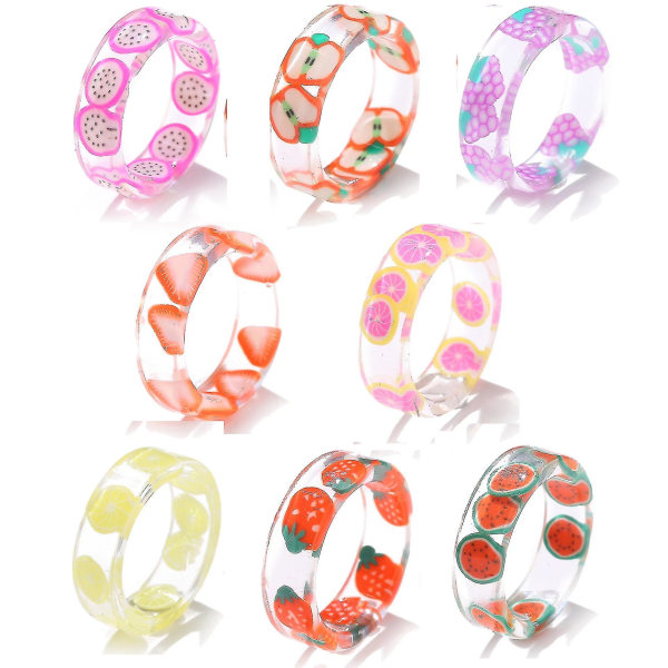 8-pak harpiks fruktringsett Søt klar plast harpiks smykker For kvinner Tenåringsjenter Uavhengig Estetisk Flerfarget