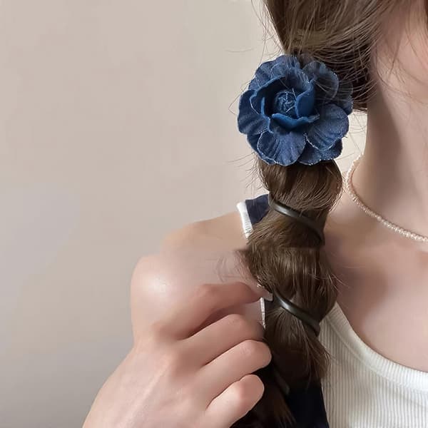 Moderigtigt blomstertema hårelastik elastisk kvinders hårscrunchie denim kamelia telefonledning hårbånd til daglig brug sort Black