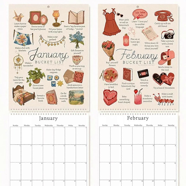 2025 Bucket List Kalender, 12 Månader Stor Dubbel Spiralbunden Väggkalender