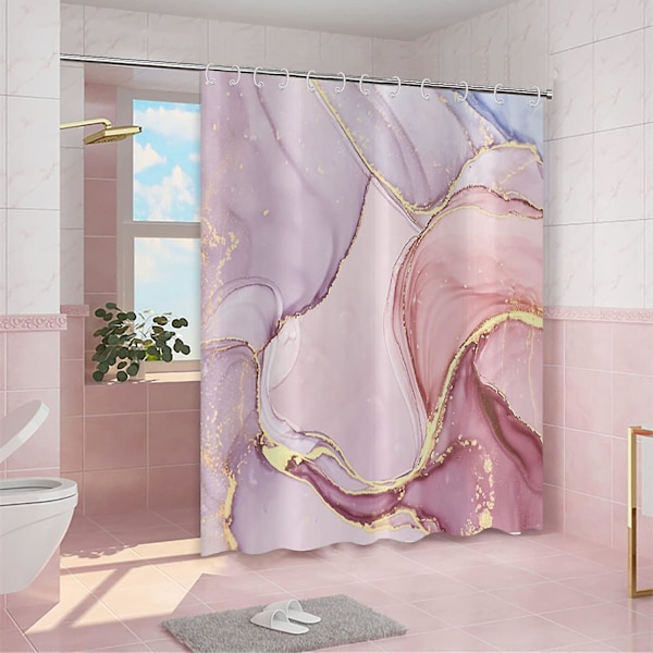 Rosa duschdraperi, modern abstrakt blandad rosa lila guld marmor textur badrum gardin badkar heminredning vattentät tyg maskintvättbar med