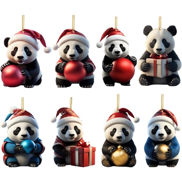 8 stk Juletræ Panda vedhæng 2d Akryl, Julepanda hængende dekoration Sjov julepanda ornament til juletræsgave