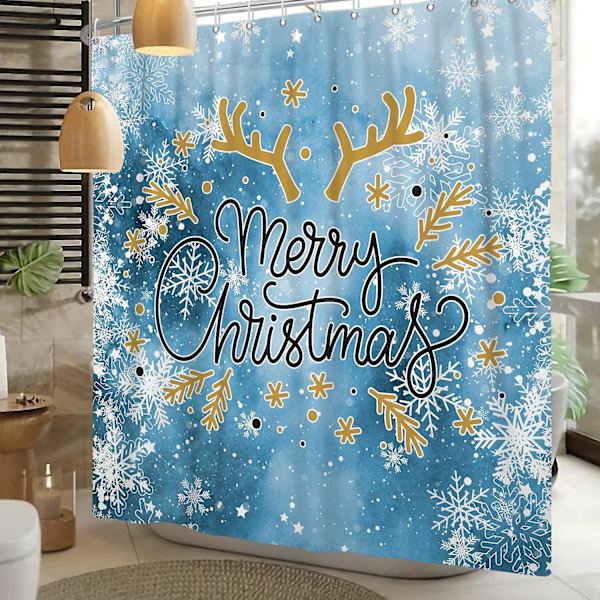 God jul snøfnugg dusjforheng hvite snøfnugg gevir på blå bakgrunn baderomsinnredning for vinterferie baderomsgardiner vanntett pol