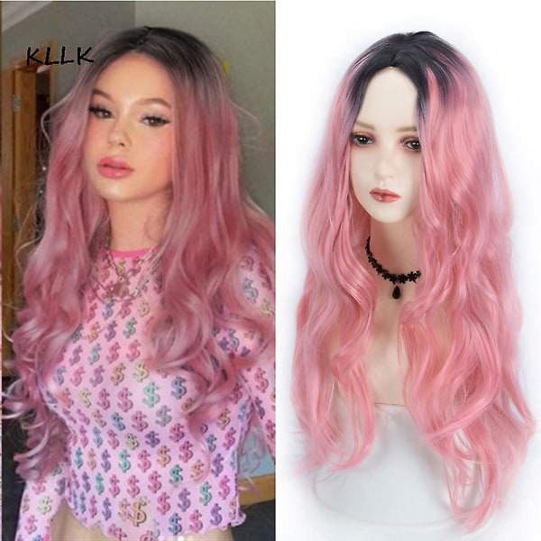 Lång lockig rosa gradient peruk för kvinnor