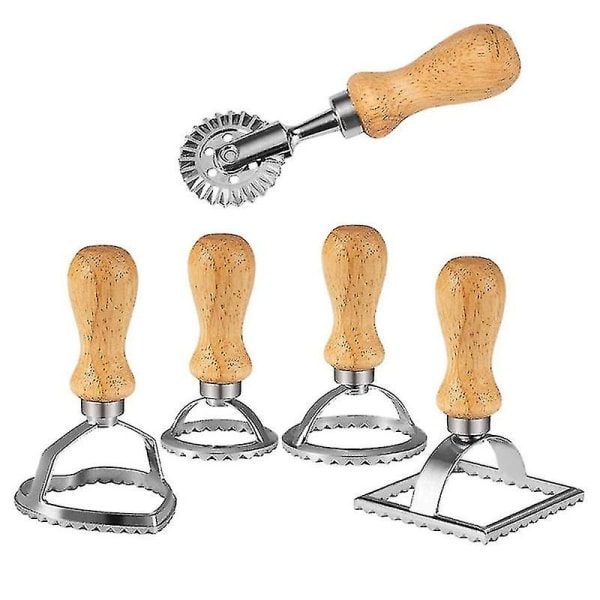 5 styks Ravioli-stempelmaskine, dumplingsforme og dejpresseværktøjssæt, form med træhåndtag