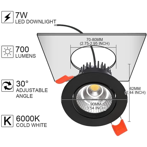 6 pakke LED downlights, 7w Cob innfelt taklampe, AC 220-240v, kjølig hvit 6000k, juster vinkel 30, ip44, utskjæring 70-80 mm, for stue, gang, bat