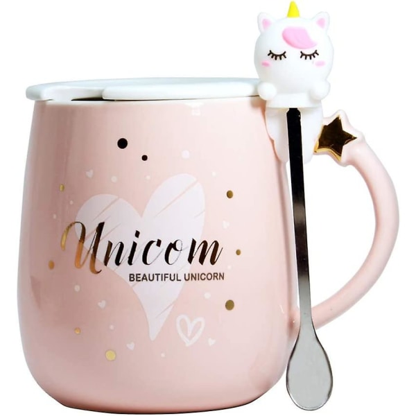 Søt Unicorn Cup Kawaii kaffekrus Kaffekrus Keramisk tekopp Melkekrus Nyhetkopper med lokk og skjeer Morsomme gaver til bursdag Kvinner Jenter Barn Di