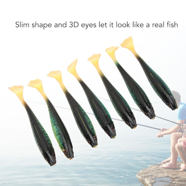 Kunstig blød agn til saltvands- og ferskvandsfiskeri - 7 stk. T-hale fiskeagn 10 cm 5,5 g - Farverig glitter 3D-øjne - Type 2