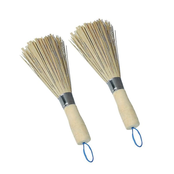 2 stk Bambus pannebørster Langt skaft Wok rengjøringsbørste Oppvaskbørster Kjøkkenverktøy