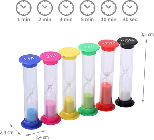 Set med 6 sandtimmar - 30 sek, 1 min, 2 min, 3 min, 5 min, 10 min - sandtimer, timer