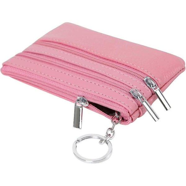 Myntveske i ekte skinn for kvinner, mini-lommebok med nøkkelring, rosa