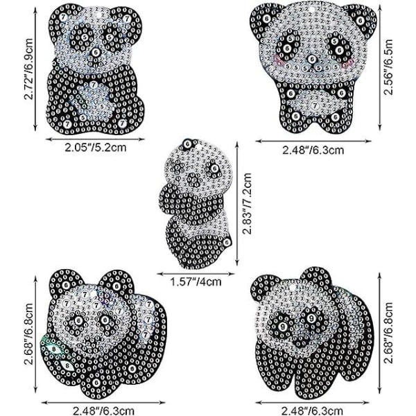 5 stykker DIY 5D Panda Diamond Painting nøgleringe, Rhinestone DIY dobbeltsidet 5D Diamond Pasted Pain