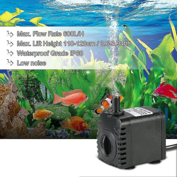 600l/h 8w Mini akvaario upotettava vesipumppu akvaarion pöytäsuihkulähteille lampivesipuutarhoille ja hydroponisille järjestelmille 2 suuttimella Ac220-240v