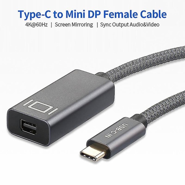 Usb3.1 Typ-c hane till mini Dp hona kabel 4k@60hz Audio & video Converter Skärmdelningsadapter Plug N Play, grå 0,2m