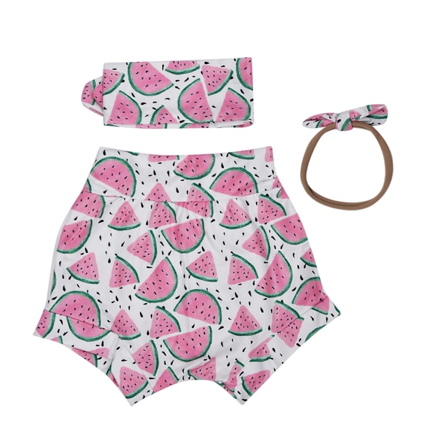 Babyjente sommerklær shorts sett med elastisk bunn, rosa hårbånd, vannmelontrykk - 100cm