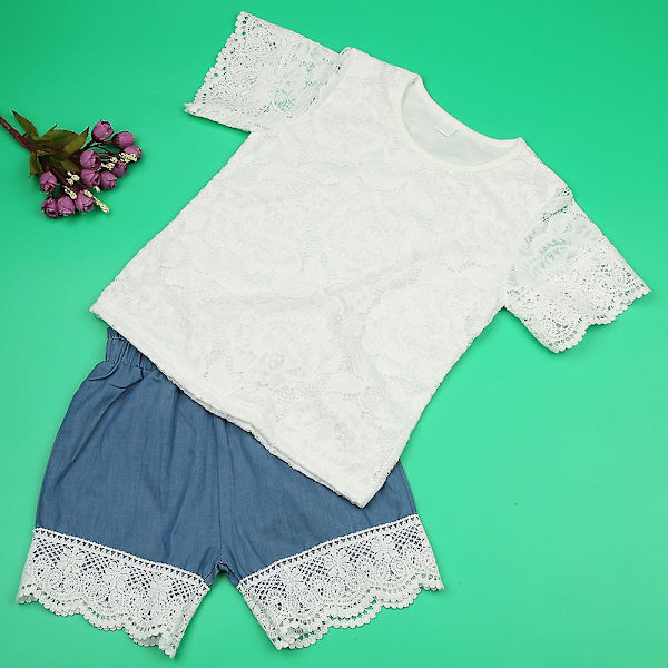 Pige blonderund hals top denim shorts sæt - sommer casual tøj outfits (størrelse 80)