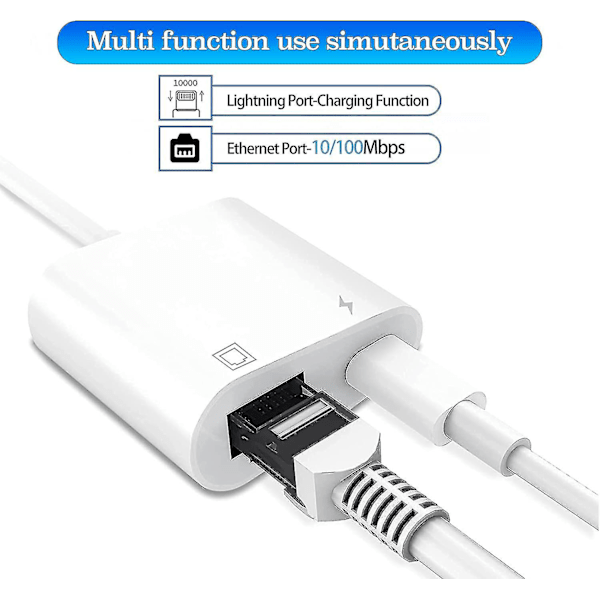 Lightning till Ethernet-adapter, kompatibel 2 i 1 Ethernet LAN-nätverksadapter med laddningsport