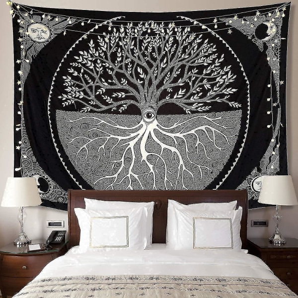 Tree Of Life Wall Tapestry Aurinko ja Kuu Esteettinen Tapestry Seinään ripustettava Black & White Mand