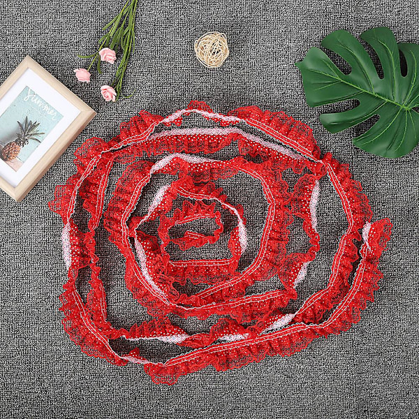 Rød 45mm plisseret trim mesh blonderbånd med trykte prikker og pailletter broderi - 5 meter, DIY håndværk