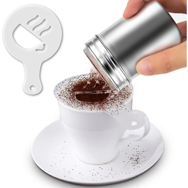 Pulverskakare i rostfritt stål, Mesh Shaker pulverburkar för kaffe Kakao Kanelpulver med lock, med 16 stycken molds stenciler