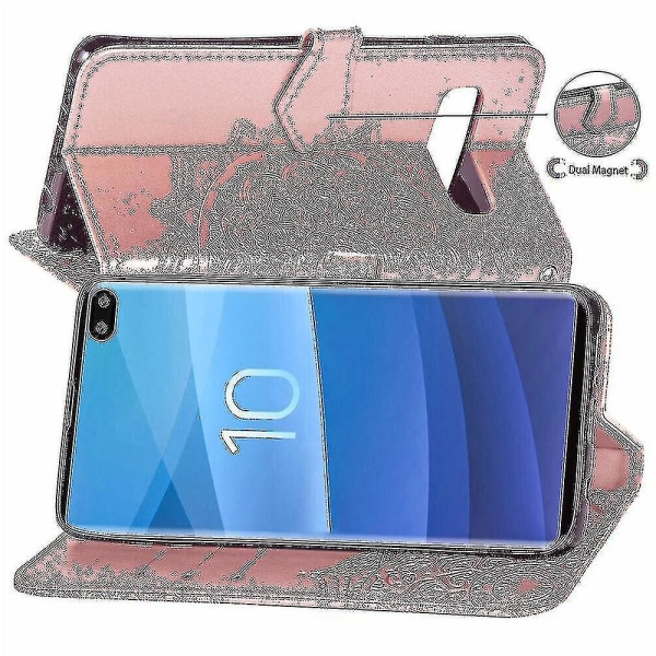 Samsung Galaxy S10 Plus Case Nahkainen Cover Suojus Kohokuvioitu Mandala Magneettinen Flip Protection Iskunkestävä - Ruusukulta