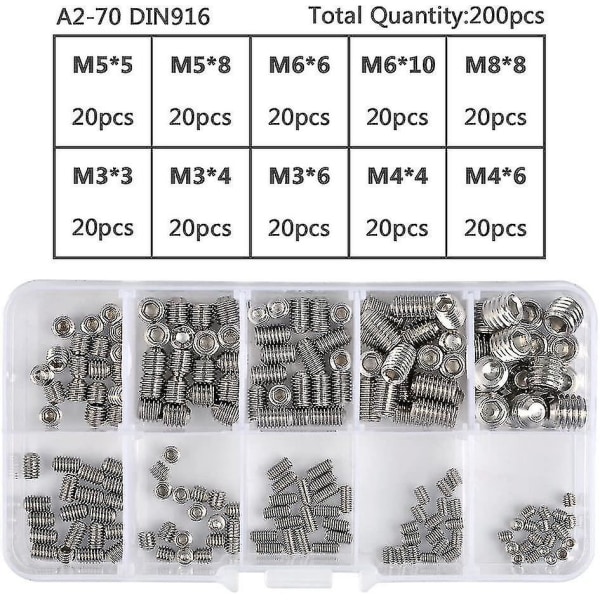 200 stk Allen-skruer i rustfritt stål, sekskantede settskruer, metriske profesjonelle metalltilbehør M3 M4 M5 M6 M8 Shibaod