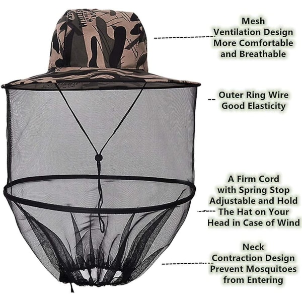 Mosquito Head Net Mesh, Face Mesh Mask Cover, Mosquito Cap Mehiläishoitaja Hat Pääverkko Anti Mosquito Mask Pään Suojaus Kaulan Mesh Verkkohattu (pakkaus