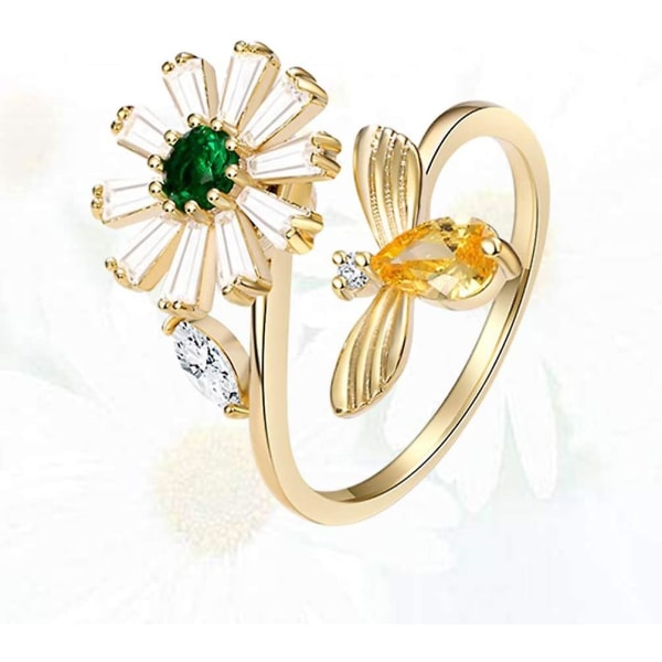 Åben ring til kvinder med rhinsten, kreativ bi- og blomsterformet roterende ring til fingerring, smykkegave til kvinder, damer og piger