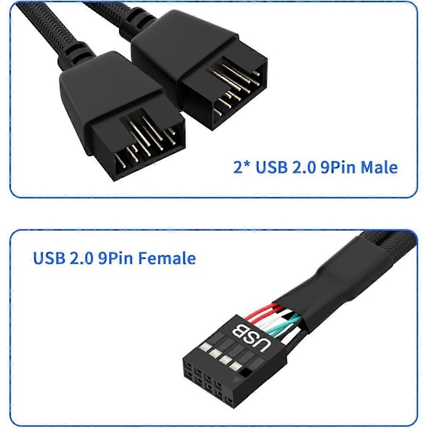 2 stk. Computer Motherboard USB 2.0 9-polet til dobbelt 9-polet forlængerkabel Y-splitter Audio HD forlængerkabel Sort