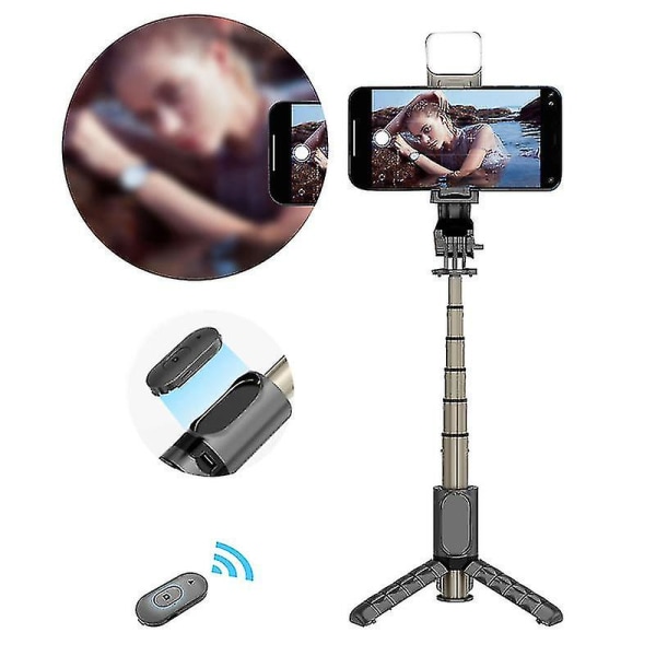 Selfie Stick-stativ med lys 3 i 1 forlænges Bluetooth Selfie Stick Kompakt Selfie Stick til fotografering