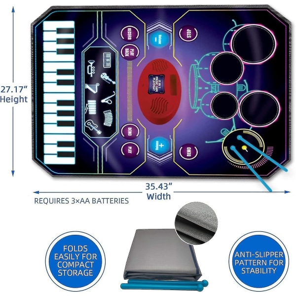 2-i-1 musikindlæringslegetøj, elektronisk tromme + klaverpude|Optag og spil, indbyggede sange, 8 instrumenter