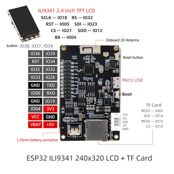 T4 Esp32 Mcu Ili9341 Utviklingskort Bluetooth-kompatibel V4.2 Trådløs Wifi