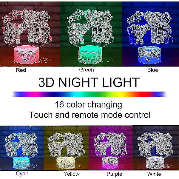 Elefant 3D Nattlampa För Barn 3D Lampa Med 16 Färger Byter Fjärrkontroll Elefant Leksaker 10 9 3 5 2 8 1 7 6 4 År Gamla Flickor Kvinnor Baby Pojkar Present