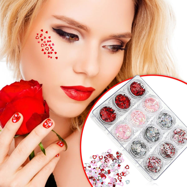 12 æsker med Valentinsdag Hjerteformet Glitter Nail Art Farve Blandet Hjerteform