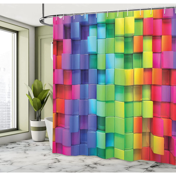 Färgglad duschdraperi, regnbågsfärgad konturdisplay Futuristiskt block Tegelliknande geometriskt hantverkare, set badrumsdekorset med krokar, 72