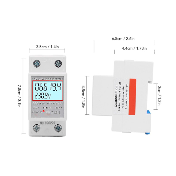 Digital LCD Elektricitetsmätare Enfas 230V AC 5A, DIN-skena Montering, Bakgrundsbelyst