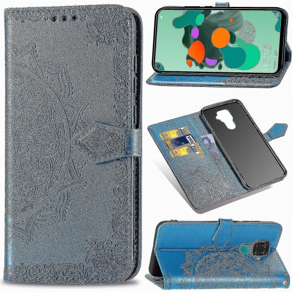 Huawei Mate 30 Lite etui Læder tegnebogscover Emboss Mandala Magnetic Flip Protection Stødsikker - Blå