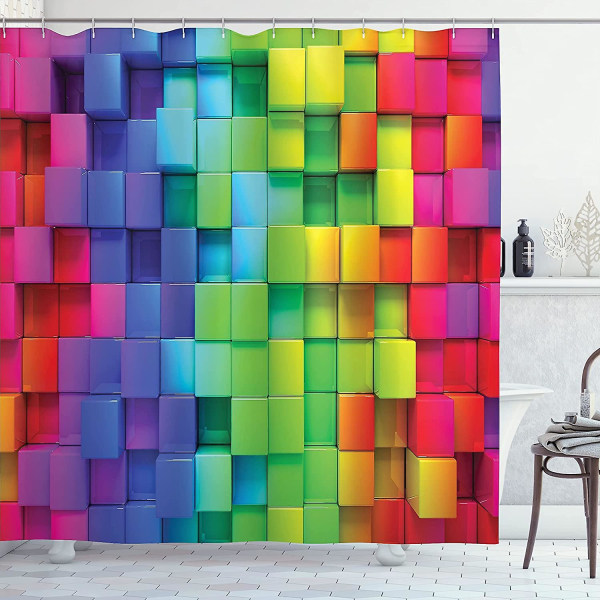 Färgglad duschdraperi, regnbågsfärgad konturdisplay Futuristiskt block Tegelliknande geometriskt hantverkare, set badrumsdekorset med krokar, 72