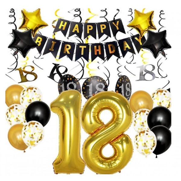 Black Friday 18-årsdagsdekorasjoner Festrekvisita Gold Number Balloon 18 Happy Birthday Banner Lateksballonger (svarte, gylne) konfettiballonger (18)