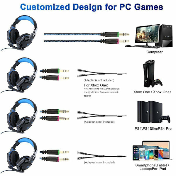 AU 3,5 mm spelheadset med mikrofon, LED-hörlurar, stereoljud, surroundljud, PC, bärbar dator, Xbox HO