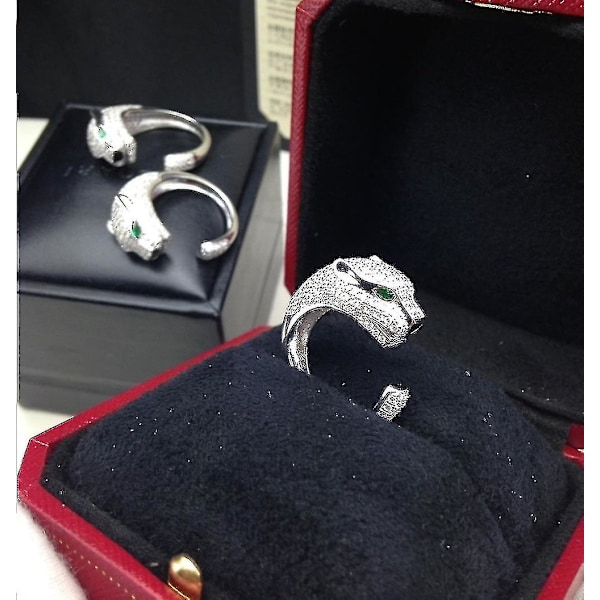 Män 925 Sterling Silver Leopard Djur Finger Ring Pavé Cubic Zirkon Panter Gröna Ögon Öppen Ring Kvinnor Fest Fint Bröllop