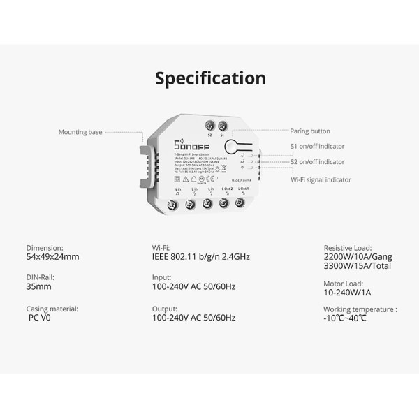Sonoff Dual R3 Älykäs Wifi-kytkin 2-tieohjaus Diy Mini-kytkin Tehonmittaus 2-jengiläinen Ääniohjaus