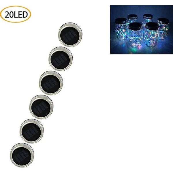 6 st solcellsburkslampor, 20 LED färgglada fe-stränglampor utomhus vattentäta fe-lampor lock insats för trädgård gårdsfest bröllop jul