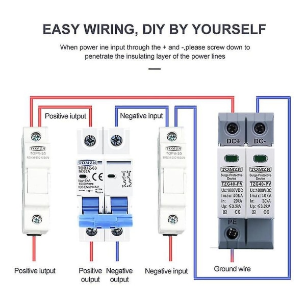 Tomzn DC SPD 2P 1000V 20kA-40kA DIN-skena Solenergi Utomhus Överspänningsskydd Överspänningsskydd